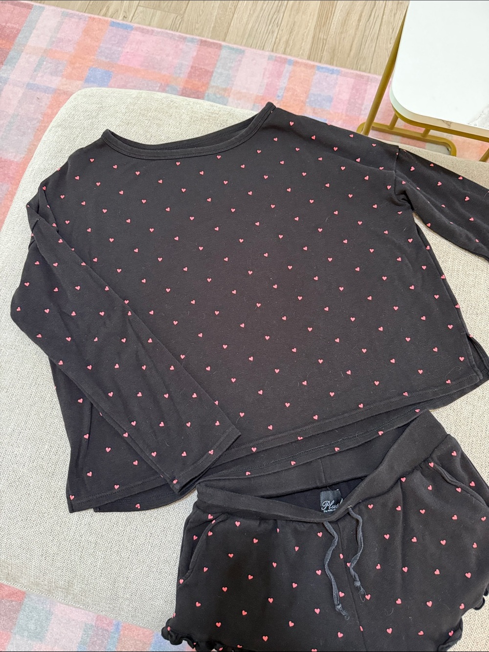 Plush. Black Long-Sleeve Top & Drawstring Short Pajama Set with Pink Hearts